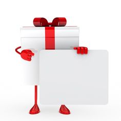 a white gift box with a red ribbon holding a blank sign and giving it a thumbs up