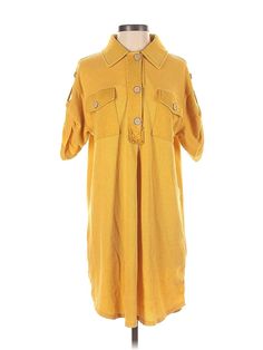 Oddi Casual Dress Size: Small Yellow Dresses - used. 70% POLYESTER, 30% COTTON, Shirtdress, Collared, Knee Length, Short Sleeve | Oddi Casual Dress - Shirtdress: Yellow Dresses - Used - Size Small Short Sleeve Shirt Dress For Fall Daywear, Short Sleeve Mini Dress With Buttons For Fall, Fall Mini Dress With Pockets And Short Sleeves, Fall Shirt Dress For Day Out With Short Sleeves, Fall Day Out Short Sleeve Shirt Dress, Fall Short Sleeve Shirt Dress For Day Out, Casual Yellow Shirt Dress For Fall, Fall Short Sleeve Midi Dress With Pockets, Fall Midi Dress With Pockets And Short Sleeves