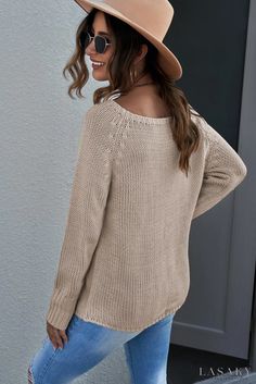 Lasaky - Loose knit khaki sweater with long sleeves Casual Solid Color V-neck Sweater For Fall, Beige Soft Knit V-neck Sweater For Fall, Casual Brown Knit V-neck Sweater, Casual Long Sleeve V-neck Sweater, Brown Long Sleeve V-neck Sweater For Winter, Casual Beige Solid Color Cardigan, Beige Knit V-neck Sweater For Fall, Cream Solid Winter Sweater, Beige Knit V-neck Sweater