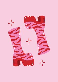 the letter j is made up of pink and red zebra - print rubber boots with white dots