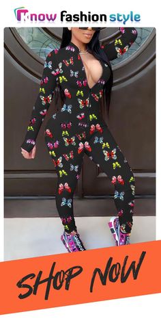 Black Fashion Sexy Zipper Collar Long Sleeve Regular Sleeve Skinny Butterfly Print Jumpsuits 70 Fashion, White Fashion Casual, Printed Jumpsuit, Black Jumpsuit, Butterfly Print, Half Sleeves, Black Fashion, Sleeve Styles