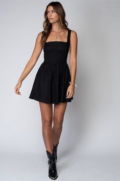 STORY TANK MINI DRESS Mini Dress With Smocked Back For Night Out, Smocked Back Mini Dress For Night Out, Mini Dress With Smocked Back, Fitted Mini Dress With Smocked Back And Straight Neckline, Black Mini Dress With Square Neck, Square Neck Mini Dress For Date Night, Square Neck Tie Back Mini Dress For Date Night, Black Square Neck Dress With Tie Back, Casual Mini Dress With Tie Back And Straight Neckline