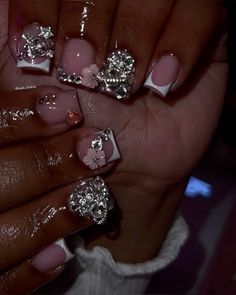 Cute Nails For Cheer, Back To School Nails With Charms, Nails Short Charms, Junk Nails Bling Short, Square Nails With Charms, Cute Nails With Charms, Short Blinged Out Nails, Junk Nails Bling, Blinged Out Nails Rhinestones