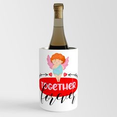 a bottle of wine with an angel on it and the words together for fun in red lettering