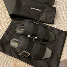 New In Box, Dust Bag And Authentication Leather Slide Sandals, Saint Laurent Shoes, Leather Slides, Slide Sandals, Dust Bag, Saint Laurent, Sandals, Women Shoes, Leather