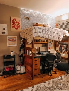 a bedroom with a bunk bed and desk in it, along with other items on the floor