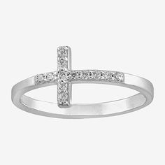 Ring Style: Bands, Stackable RingsFeatures: Religious Jewelry, Nickel FreeShape: CrossMetal Color: WhiteMetal: Sterling SilverCare: Wipe CleanStone Type: Cubic ZirconiaCountry of Origin: Imported White Gold Sterling Silver Cross Jewelry, Diamond Accented Cross Promise Ring, Cross Shaped Promise Ring With Diamond Accents, Cross Ring With Diamond Accents For Promise, Promise Ring With Cross Shaped Diamond Accents, Diamond Cross Ring With Diamond Accents For Promise, White Gold Cross-shaped Promise Ring, Cross-shaped Promise Ring With Diamond Accents, Sterling Silver Cross Ring For Promise