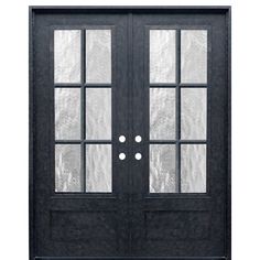 a black double door with glass panels and two sidelights on an isolated white background