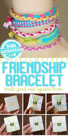 the instructions for how to make a bracelet with string and paper strips, including yarn