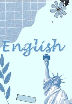 the statue of liberty is shown in blue and white, with english writing on it