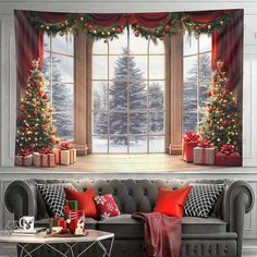 a living room decorated for christmas with red and green decorations on the window sill