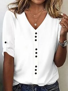 Women's Half Sleeve Tee T-shirt Summer Plain Buckle Cotton V Neck Daily Going Out Casual Top White | justfashionnow Plain White Top, Shirt Collar Pattern, Stand Collar Jackets, Short Sleeve Shirt Women, Lace Outfit, Loose Shirts, Plain Shirts, Loose Blouse, Lace Shirt