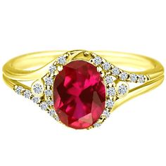 a yellow gold ring with an oval shaped ruby stone surrounded by white diamond halos