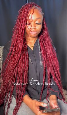 Red Box Braids On Black Hair, Burgundy Protective Styles, Burgundy Hairstyles Black Women, Burgundy Hair Black Women Braids, Burgundy Braids Black Women, Red Box Braids With Curls, Red Bohemian Braids, Burgundy Braids With Curls, Red Braided Hairstyles For Black Women