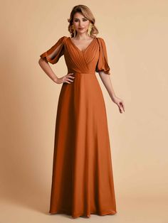 Material: Chiffon, pongee Silhouette: A-line Neckline: V-neck Length: Floor-length Embellishment: Pleats Straps: Strapless Sleeve: Half Sleeves Back Style: Zipper Fully Lined: Yes Built-In Bra: No Boning: No Size: General, Plus, Junior Model's Dress Size: US2 - Bust 33'', Waist 26.5'', Hip 36.5'', Height 69'' with shoes. Please keep difference less than 1''. It's usually better to do Custom size if the sizes differ too much. Please note that the pleats and ruched parts will become out of shape I Solid V-neck Chiffon Dress, Solid Chiffon V-neck Dress, Flowy Solid Chiffon V-neck Dress, Flowy Solid Chiffon Dress With V-neck, Solid Color Flowy V-neck Chiffon Dress, Elegant Orange V-neck Dress, Orange Chiffon V-neck Dress, Orange Chiffon Wedding Dress, Brown Chiffon V-neck Dress