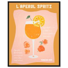 a poster with an orange slice and a glass of wine on it's side