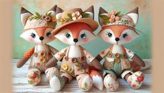 three little foxes wearing hats and sitting next to each other on top of a table