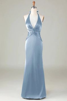 Zapakasa Women Mermaid Halter Dusty Blue Long Satin Bridesmaid Dress Vintage Floor Length Dresses, Pale Blue Long Dress, Long Dusty Blue Dress, Satin Blue Prom Dress, Siren Dress Prom, Light Blue Fancy Dress, Maid Of Honor Dress Styles, Something Blue Dress, Dusty Blue Dress Outfit