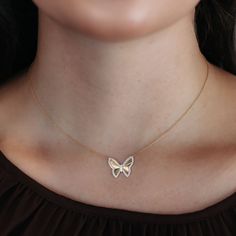 Fly into fashion with our fluted diamond Butterfly Collection necklace! Made of 14K yellow gold, this stunning piece features a delicate butterfly outline adorned with round brilliant cut diamonds. Flutter on over and add it to your collection today! Pair it with anything from our Butterflies Collection for an all-over charming look. Natural Diamonds: 0.25ctw 14K Yellow Gold Length: 18 Inches Diamond Butterfly Necklace In Fine Jewelry Style, Butterfly Shaped Diamond Necklace, Fine Jewelry Butterfly Necklace With Diamond Accents, Diamond Butterfly Necklace With Diamond Accents, Fine Jewelry Butterfly Shaped Diamond Necklace, Fine Jewelry Diamond Butterfly Necklace, Diamond Butterfly Necklace In Yellow Gold, Yellow Gold Diamond Butterfly Necklace With Charm, Fine Jewelry Diamond Butterfly Necklace In Yellow Gold