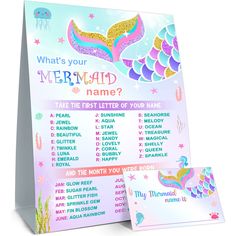 a mermaid themed baby shower game with its name on the front and back of it