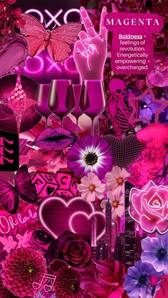 a collage of pink and purple images with flowers, hearts, and hand symbols