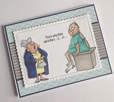 a card with an older woman holding a watering can and a man standing next to her