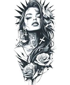 a woman's face with tattoos and roses