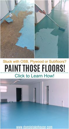 an advertisement for paint those floors is shown in three different pictures, including the floor being painted