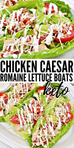 chicken caesar romaine lettuce boats with tomatoes and cheese on top, served on a white plate