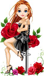 a cross stitch picture of a woman sitting on a bar stool with roses around her