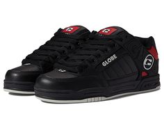 Globe Tilt - Men's Skate Shoes : Black/Chilli : Keep your style going strong with the iconic silhouette and cushioned support of the Globe Tilt skate shoes. Skateboard shoes with leather uppers. Large Globe brandings on upper. Flush and stitched PVC lace eyelets. Hidden lacing options in key areas for added lace protection. Thicker outer sidewalls for added durability. Padded tongue and collar for added comfort. Breathable slip-resistant lining for a more stable skate. Cupsole construction. Rubb Studded Lace-up Sneakers For Skateboarding, Mid-top Synthetic Skate Shoes With Laces, Black Skate Shoes With Laces For Skateboarding, Black Skate Shoes With Laces, Lace-up Rubber Sole Skate Shoes, Lace-up Skate Shoes With Rubber Sole, Low-top Skate Shoes With Laces For Skateboarding, Low-top Lace Skate Shoes For Skateboarding, Synthetic Sneakers With Padded Tongue