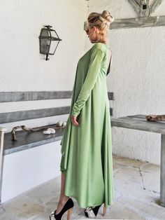 NEW Evening Maxi Dress / Pear Green Plus Size Dress / Evening Dress / Maxi Dress / Party Dress / Plus Size Dress / Open Back Dress / Summer Dress / Long Sleeve Dress / #35266 NEW 2018.... A must have maxi dress...! With long sleeves and open back cut out ! Ideal for all body-types, you can have a very elegant appearance ! - Handmade item - Materials : crystal jersey - The model wears : size - one size , color - Pear Green PLEASE NOTE : The dress is ONE SIZE but you have to choose a size from XS Green Maxi Length Long Sleeve Party Dress, Green Long Sleeve Maxi Dress For Party, Flowy Long Sleeve Summer Party Dress, Fitted Green Long Sleeve Summer Dress, Long Sleeve Summer Evening Dress, Long Sleeve Evening Dresses For Summer, Green Flowy Evening Dress, Green Long Sleeve Asymmetrical Party Dress, Flowy Green Long Dress