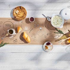 an overhead view of food and drinks on a table