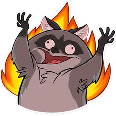 a cartoon raccoon with its arms up in the air and fire behind it