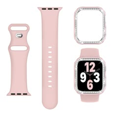 an apple watch with its pink band and matching case next to it's accessory