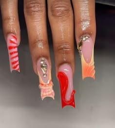 Summer Nails Red, Nails Jewelry, Ombre Acrylic, Sea Nails, Nail Goals, Long Acrylic Nail Designs, Drip Nails, Ombre Acrylic Nails