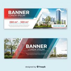 two banners with cityscape in the background and text below them for an advertisement