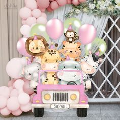 an animal themed birthday party with balloons and animals in the back of a pink jeep