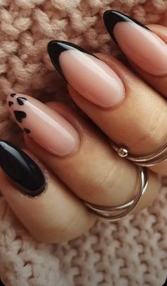 Black With Hearts Nails, Black Hearts On Nails, Black Nail With Heart, Black Tips Almond Nails, Almond Nails Trendy French Tip, Black Almond Nails Designs Simple, Nude And Black Nails Almond, Black French Manicure Almond, Black Nails With Heart Design