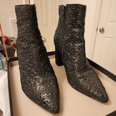 Worn Once For Engagement Photos. Size 8w Black Rhinestones. Betty Johnson Rhinestone Boots, Black Rhinestone Round Toe Boots, Betsey Johnson Diamond Boots, Black Crystal-embellished Boots For Night Out, Black Rhinestone Ankle Boots, Betsey Johnson Shoes, Black Rhinestone, Betsey Johnson, Bootie Boots