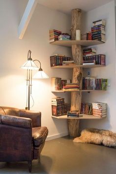 a living room with a leather chair and bookshelf in the corner next to a lamp