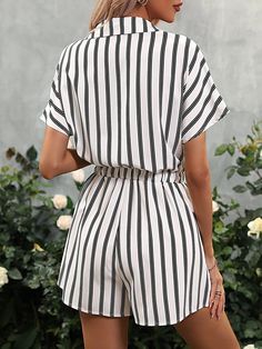 Indulge yourself in elegance and style with this Striped Print Sleeve Knot Front Romper Shirt. Crafted from fine quality fabric, the subtle yet sophisticated stripes add alluring depth, perfect for those who appreciate the luxuries of life and enjoy being effortlessly stylish. Its knot-front closure adds visual interest, making it the ideal garment for a day of relaxation or a night of elegance. Specification: Style: Casual Pattern Type: Striped Type: Shirt Details: Knot, Pocket, Button Front Le Striped Short Sleeve Jumpsuits And Rompers For Beach, Striped Fitted Short Sleeve Jumpsuits And Rompers, Striped Short-length Loungewear Bottoms, Casual Striped V-neck Jumpsuits And Rompers, Casual Black Printed Jumpsuit/romper, Comfy Jumpsuits, Clean Body, Printed Sleeves, Batwing Sleeve