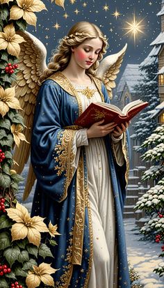 an angel reading a book in front of a christmas tree with holly garland and lights