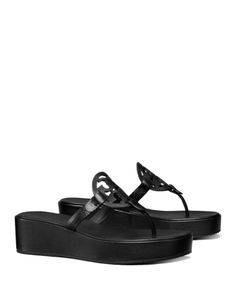 Tory Burch Women's Miller Slip On Embellished Wedge Thong Sandals Luxury Modern Slip-on Wedge Sandals, Tory Burch Miller Sandals, Luxury Slip-on Sandals With Tang Buckle, Black Tory Burch Sandals, Tory Burch Miller Sandals Black, Shoe Nails, Thong Sandals, Tory Burch, Shoes Sandals