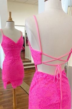 Barbie Pink Lace Strappy Bodycon Mini Dress Tight Hoco Dress, Fitted Homecoming Dresses, Tight Homecoming Dress, Mini Dress Hot, Birthday Girl Dress, Short Prom Dress, Lace Bodycon, Royal Blue Dresses, Hoco Dresses