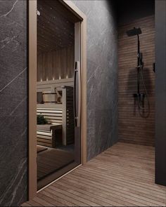 an indoor sauna is shown in this modern bathroom