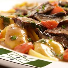 a close up of a plate of food with meat and veggies on it