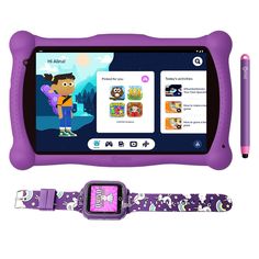 an electronic device with a purple strap next to it and a pen on the side