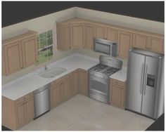 this is an artist's rendering of a kitchen with stainless steel appliances and wood cabinets