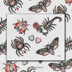 some bugs and ladybugs on white paper with pink flowers, hearts and butterflies